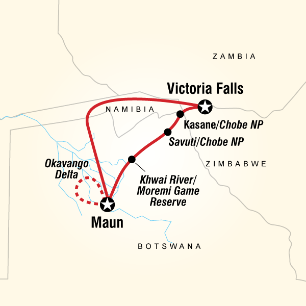 Map of the route for Botswana Safari Experience