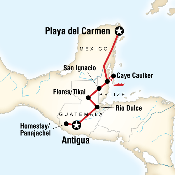 Map of the route for Mayan Sun Southbound: Boat Rides & Ruins