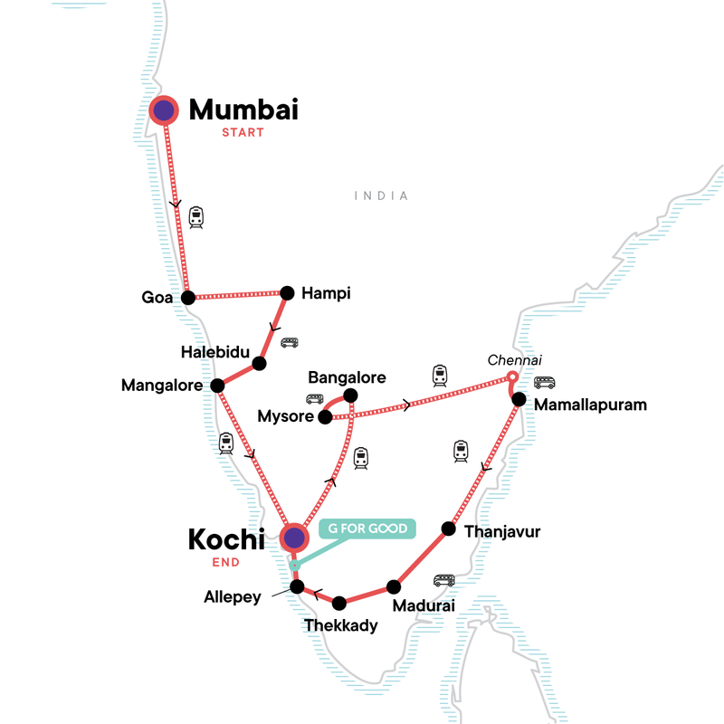 Map of the route for Southern India Encompassed