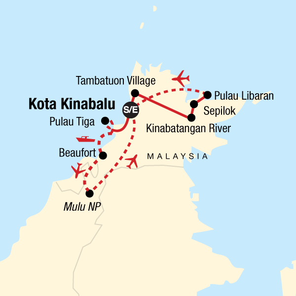 Map of the route for Experience Borneo