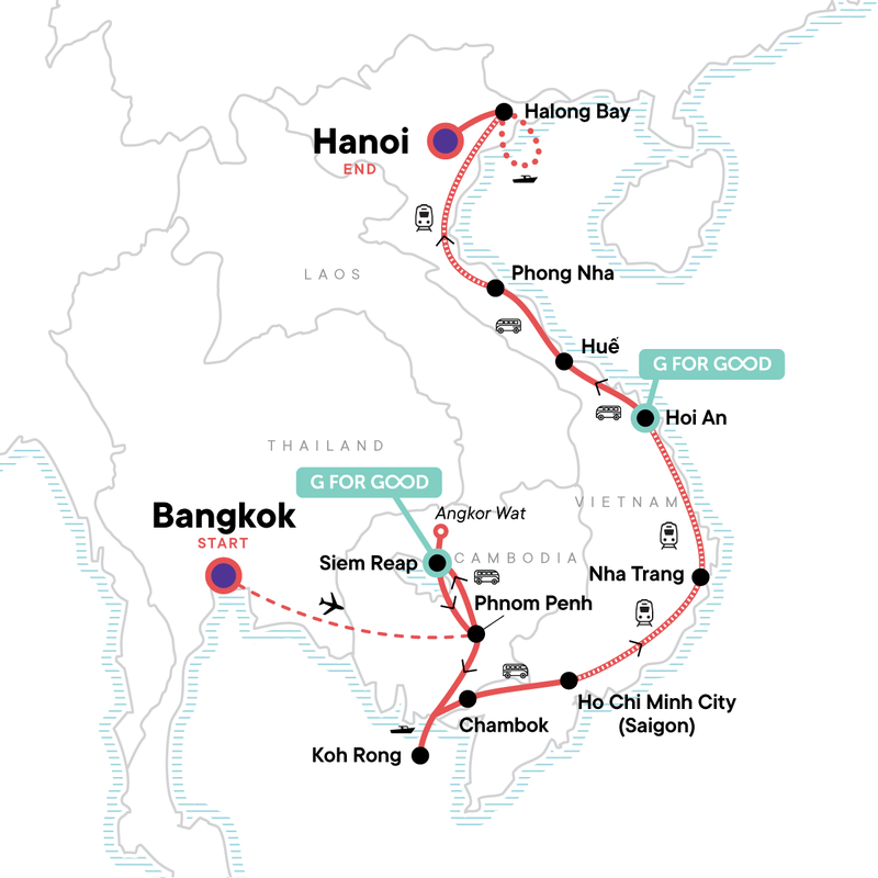 Map of the route for Cambodia to Vietnam: Night Markets & Noodle-Making