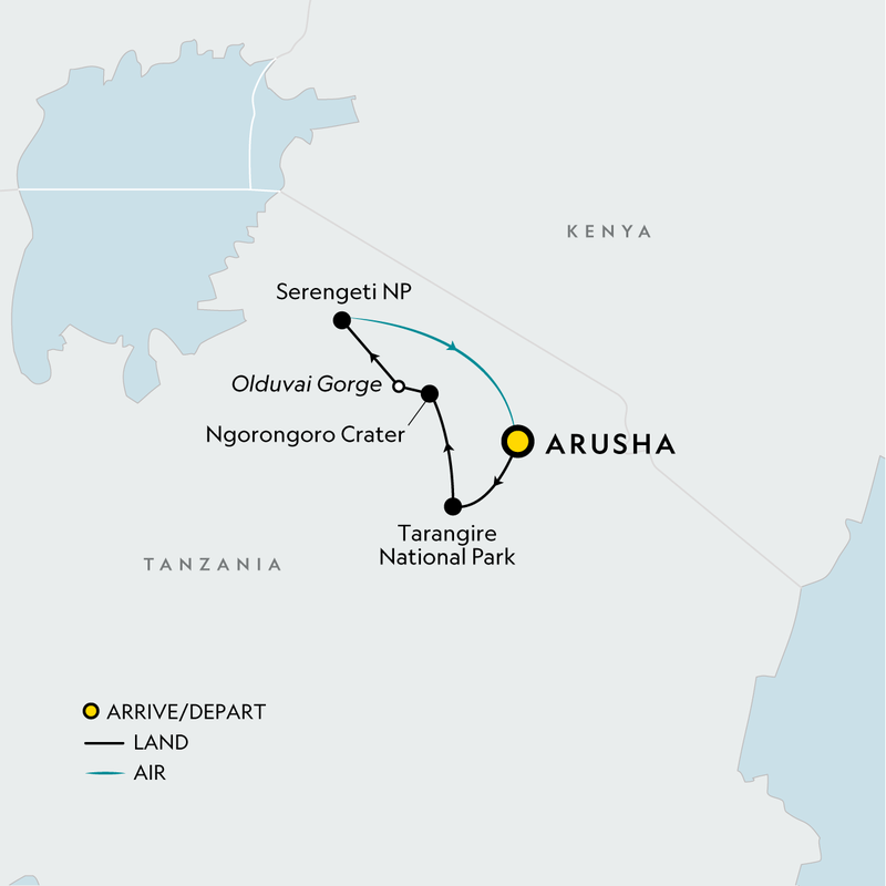 Map of the route for Signature: Tanzania’s Iconic Wildlife & Conservation Legacy