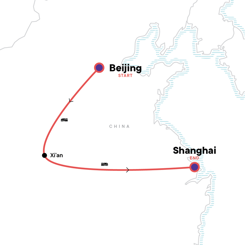 Map of the route for Beijing to Shanghai: The Great Wall & Terracotta Warriors