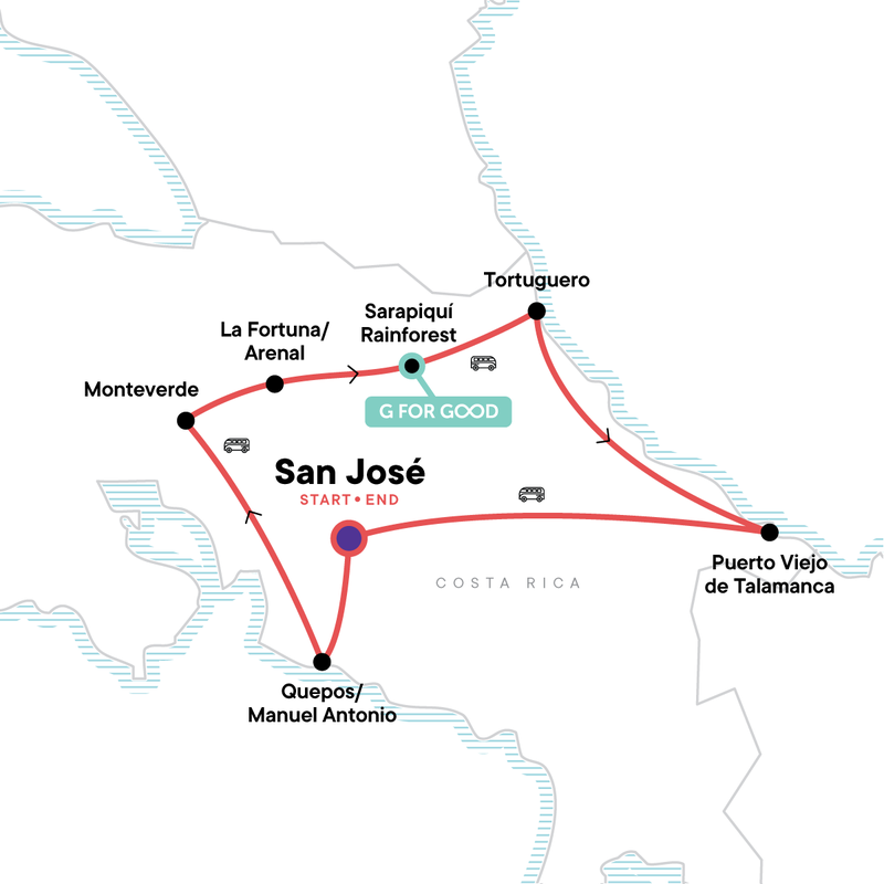 Map of the route for Costa Rica Adventure — Plus