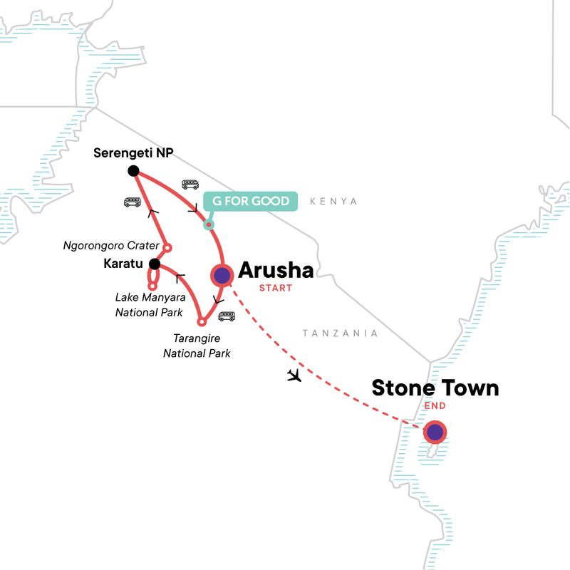 Map of the route for Incredible Tanzania: Serengeti to Zanzibar