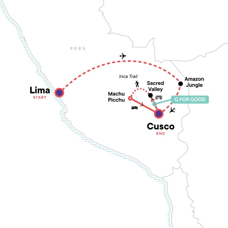 Map of the route for Amazon and Incas Adventure