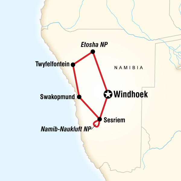Map of the route for Journeys: Wonders of Namibia