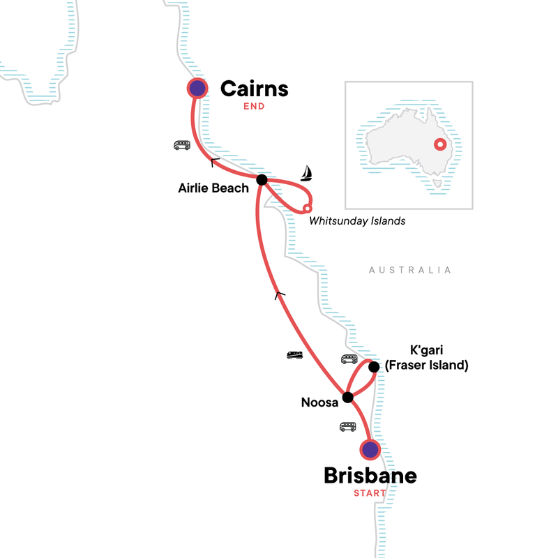 Map of the route for Brisbane to Cairns Experience: Sand Dunes & the Whitsundays