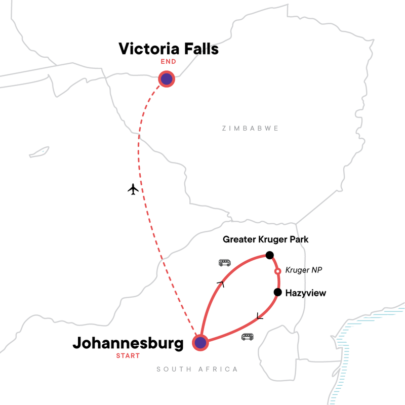 Map of the route for South Africa & Zimbabwe Discovery: Kruger to Victoria Falls