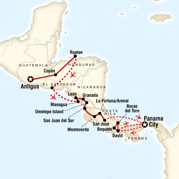 Map of the route for Volcano Adventure & Panama Highlights