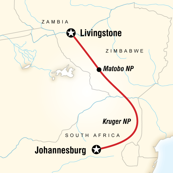 Map of the route for Kruger, Falls & Zimbabwe: Mineral Pools & National Parks