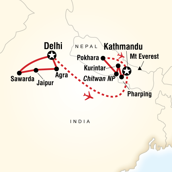 Map of the route for Journeys: Explore India & Nepal
