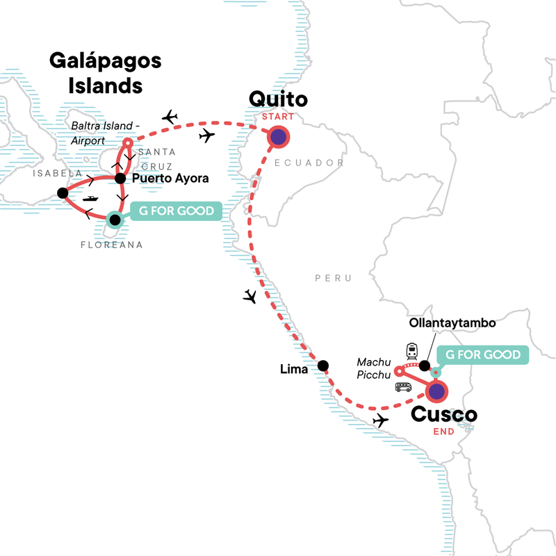 Map of the route for Active Galápagos & Machu Picchu