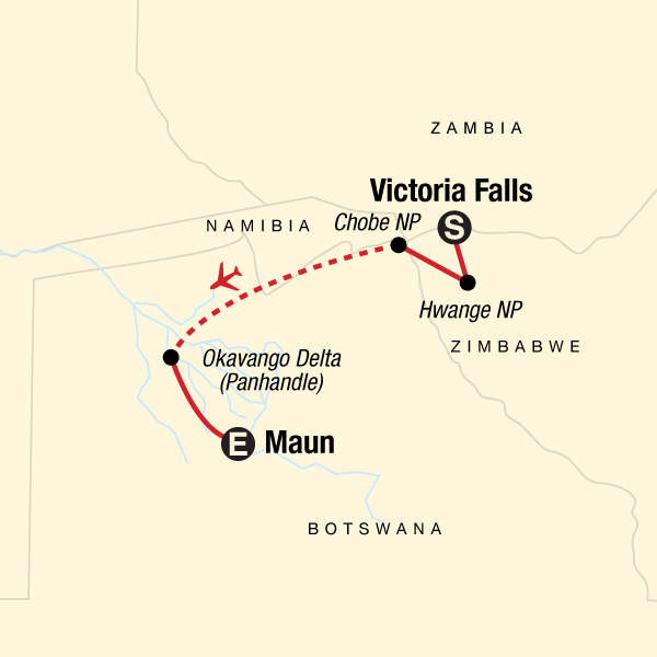 Map of the route for Journeys: Botswana & Zimbabwe Safari