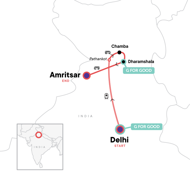 Map of the route for North India: Delhi, Dharamshala & the Golden Temple