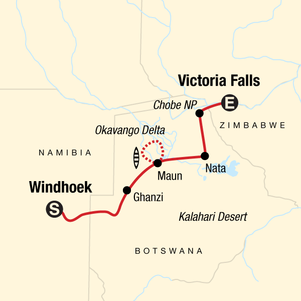 Map of the route for Botswana & Victoria Falls Adventure