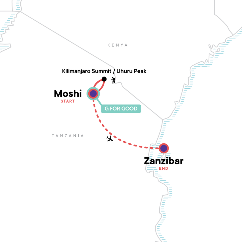 Map of the route for Kilimanjaro - Lemosho Route & Zanzibar Adventure