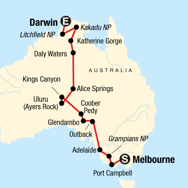 Map of the route for Australia South to North–Melbourne to Darwin