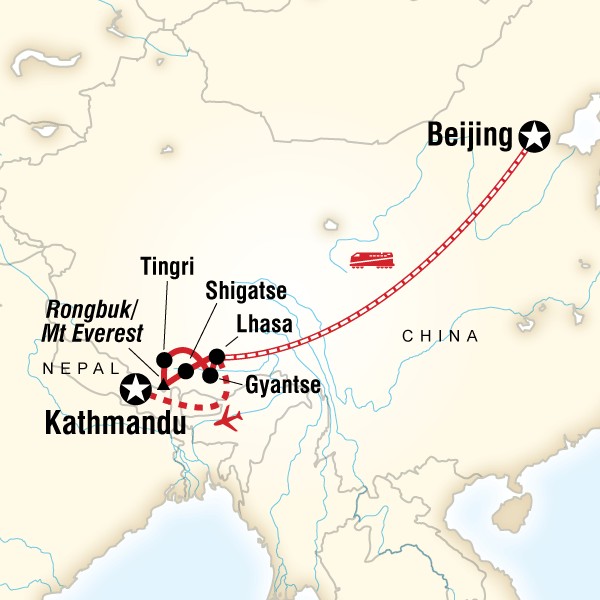 Map of the route for Tibet Adventure