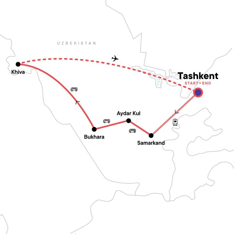 Map of the route for Highlights of Uzbekistan