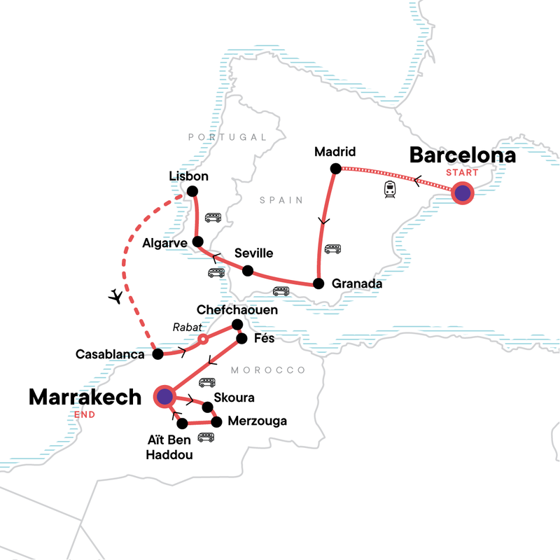 Map of the route for Iconic Spain, Portugal and Morocco: Tasty Tapas & Ancient Medinas