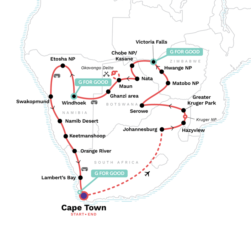 Map of the route for Highlights of Southern Africa
