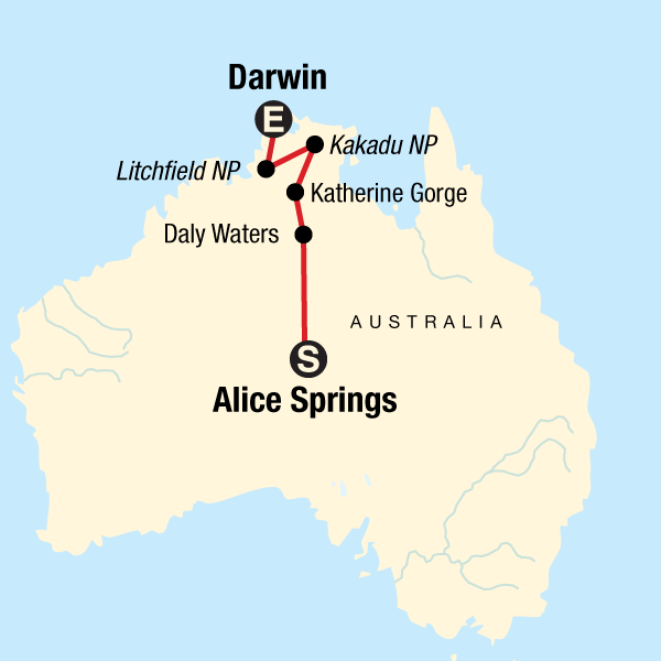 Map of the route for Alice Springs to Kakadu