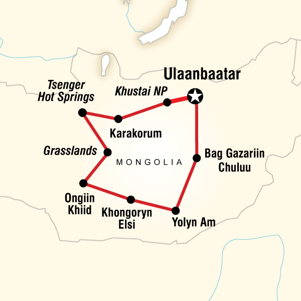 Map of the route for Nomadic Mongolia