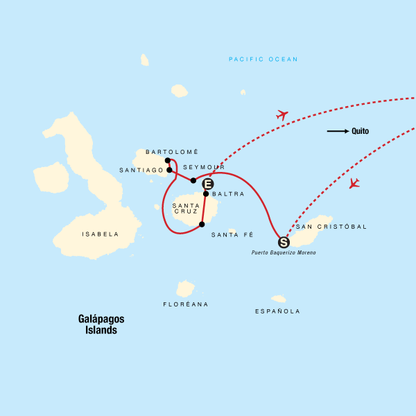 Map of the route for Galápagos Land & Sea — Central Islands aboard the Xavier III