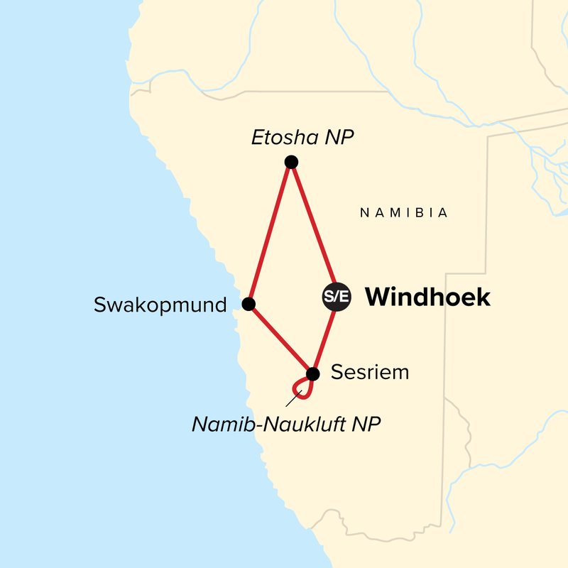 Map of the route for Journeys: Wonders of Namibia