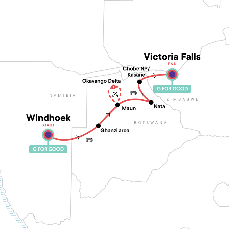 Map of the route for Botswana & Victoria Falls Adventure
