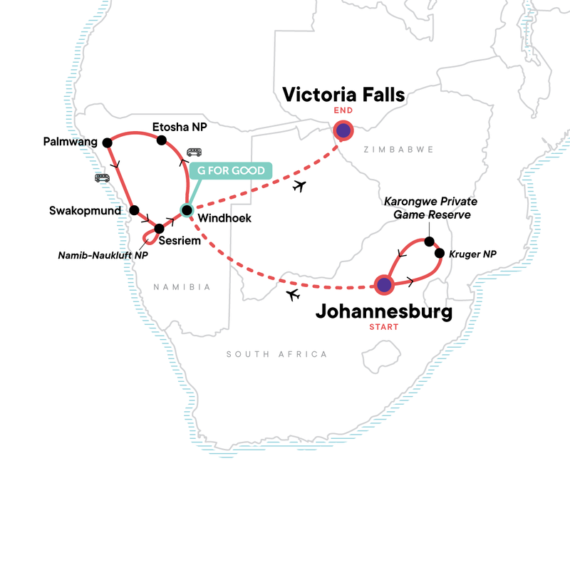 Map of the route for Southern Africa: Kruger, Victoria Falls and Namibia
