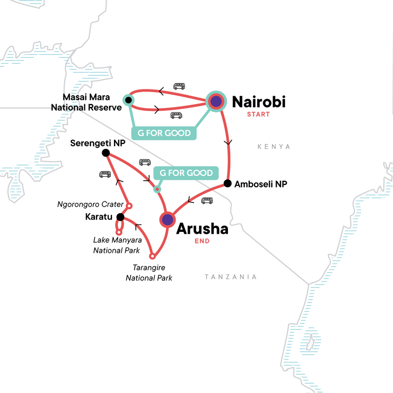 Map of the route for Kenya & Tanzania: Serengeti Safari Adventure