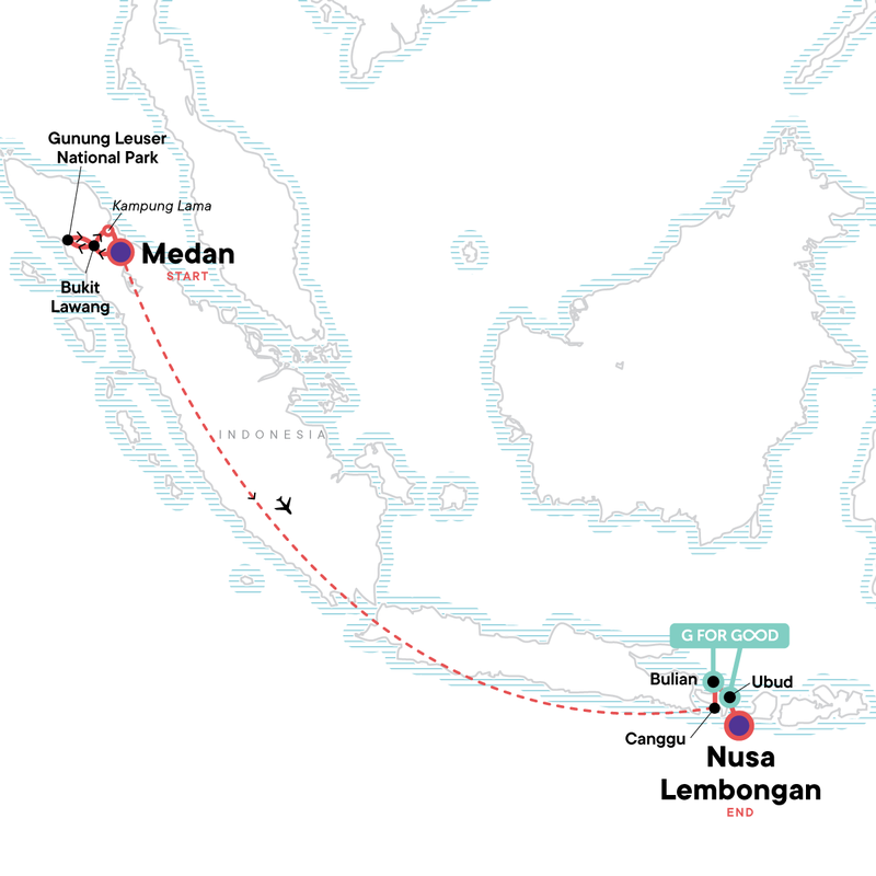 Map of the route for Sumatra to Nusa Lembongan: Wild Islands & Zen Beaches