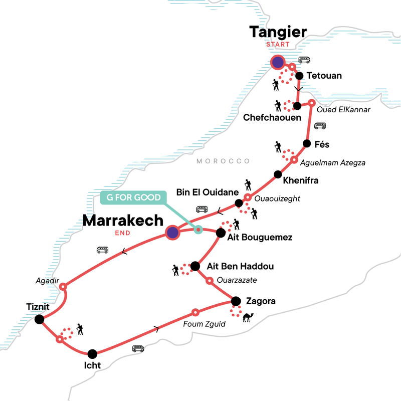 Map of the route for Complete Morocco Active Adventure