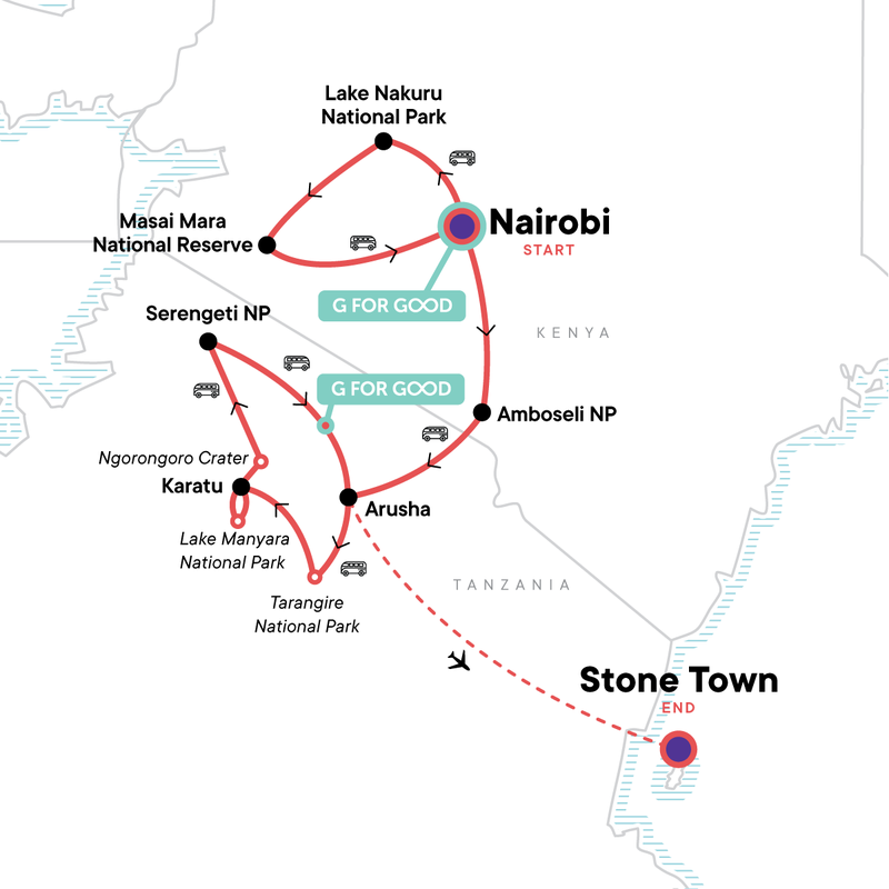 Map of the route for East Africa: Kenya, Tanzania & Zanzibar's Beaches