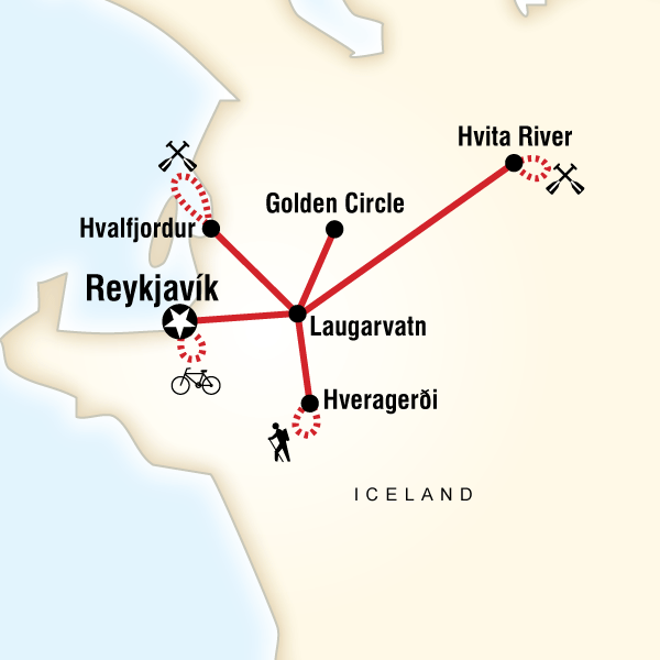 Map of the route for Iceland Hike, Bike & Raft