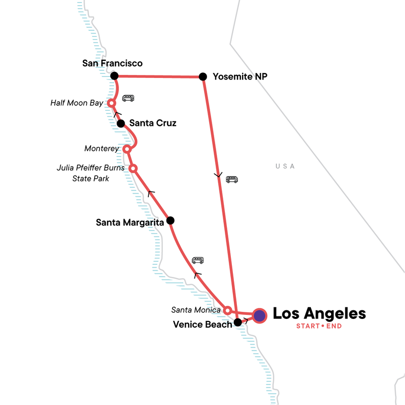 Map of the route for USA Road Trip- The Best of Cali