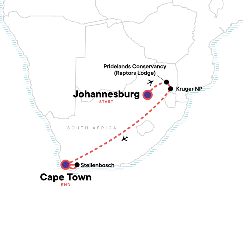 Map of the route for South Africa: Kruger, Cape Town & Stellenbosch Vineyards