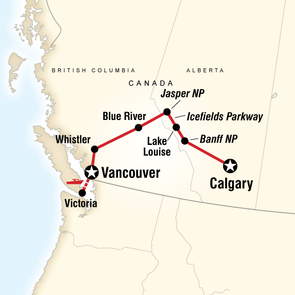 Map of the route for Journeys: Discover the Canadian Rockies - Eastbound