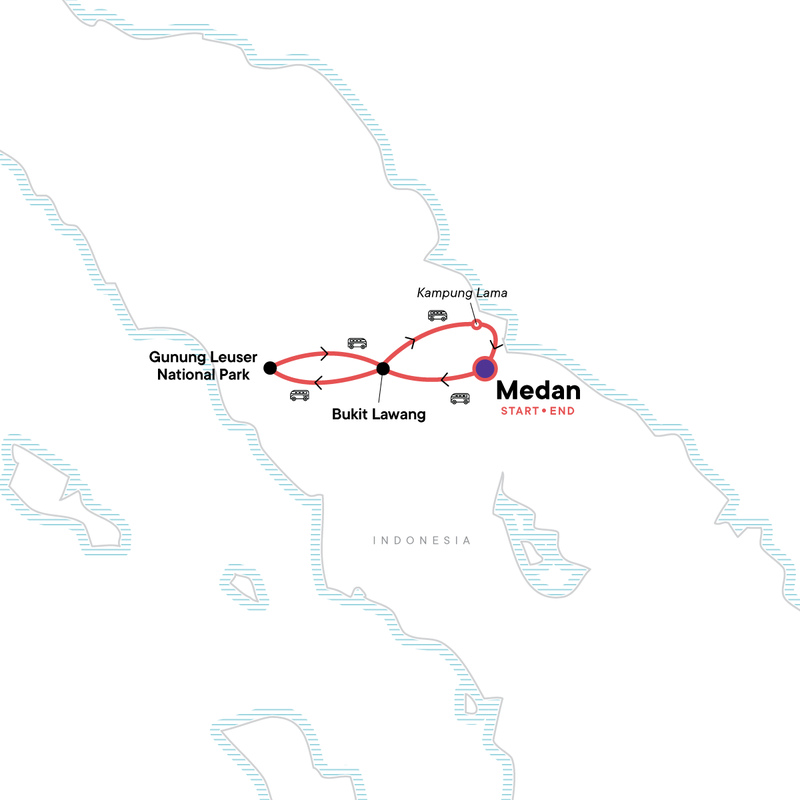 Map of the route for Sumatra’s Wild Side: Orangutans, Rivers & Rural Life