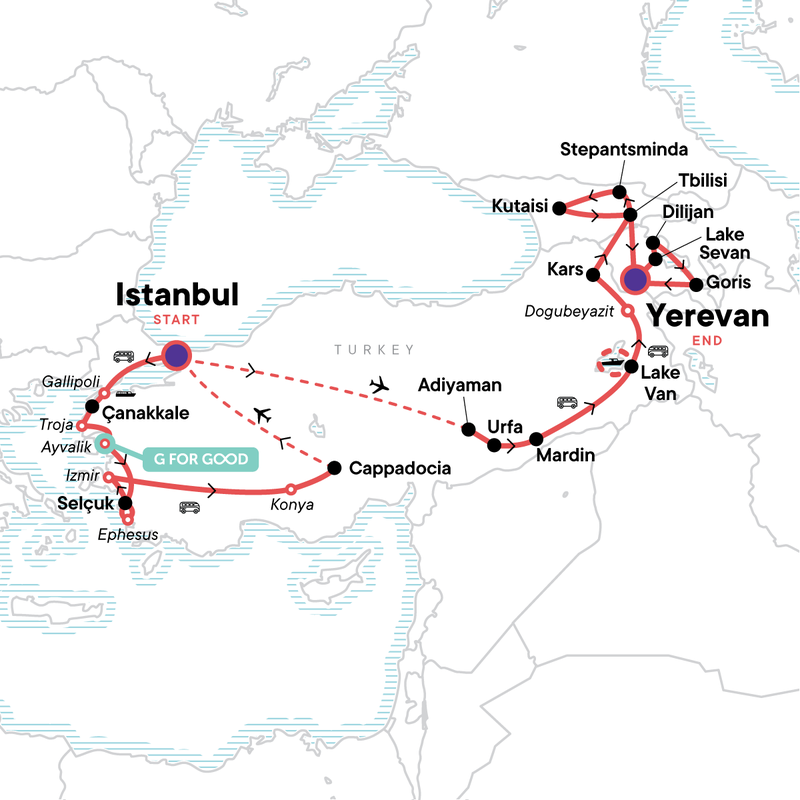 Map of the route for Turkey, Georgia & Armenia Encompassed