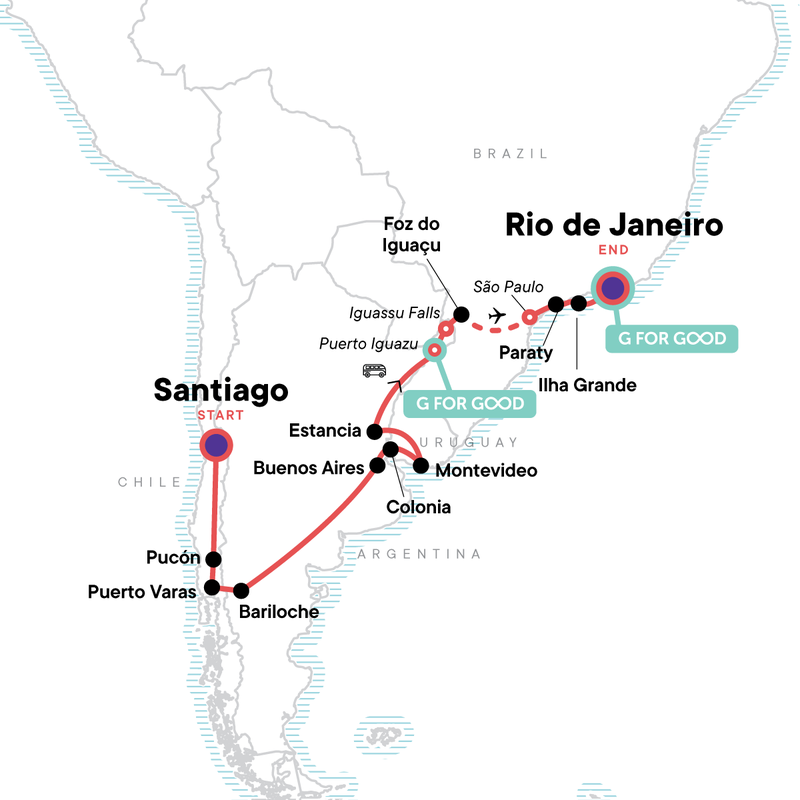Map of the route for Chile to Brazil: Road Trippin’ Lake District & Beyond