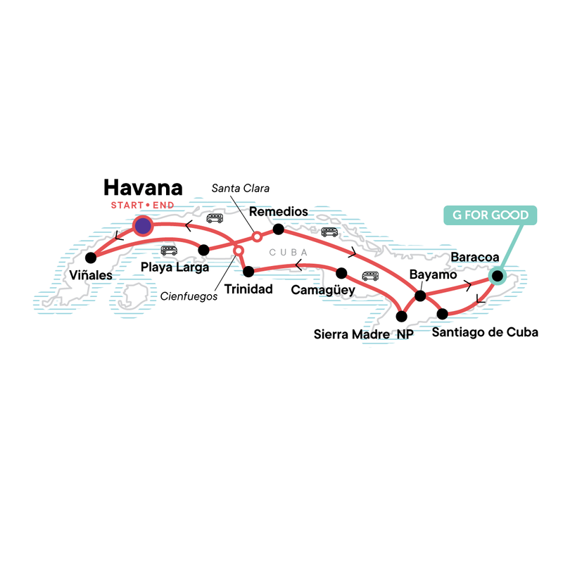 Map of the route for Cuba: Salsa & Snorkelling