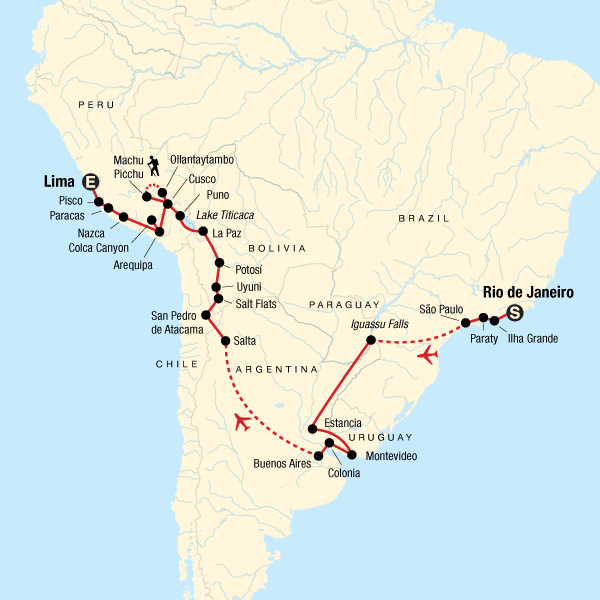 Map of the route for Rio to Lima: Machu Picchu & Markets