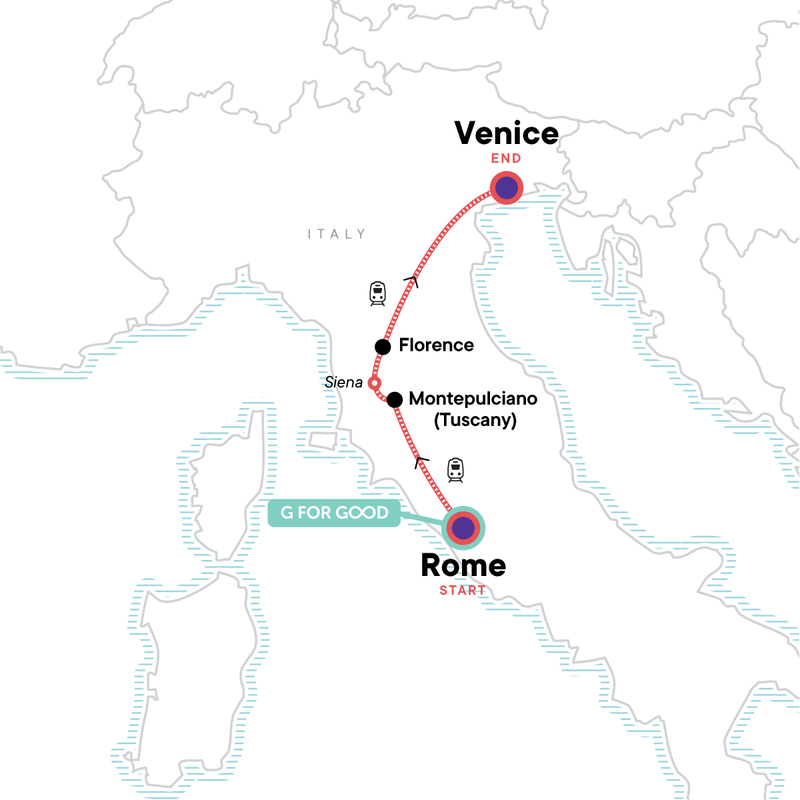 Map of the route for Christmas in Italy: Rome to Venice