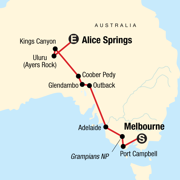 Map of the route for Melbourne to the Red Centre