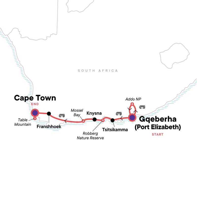 Map of the route for South Africa: Cape Town & The Garden Route