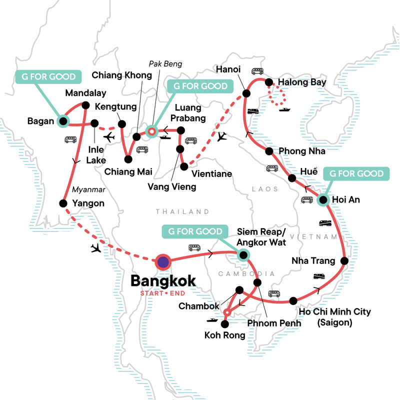 Map of the route for Indochina In-Depth: Temples & Teal Water