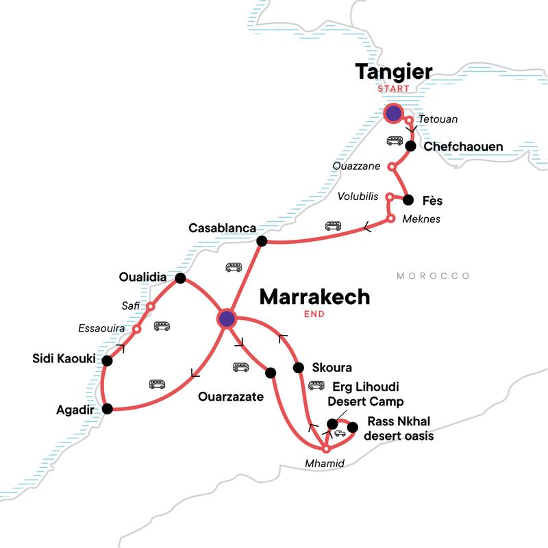 Map of the route for Complete Morocco: The Sahara to the Coast